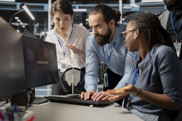Worried computer scientists in data center reacting to virus alert, initiating protocol to protect systems. Server room staff members cooperating, assessing compromised gear after hacker attack, Citrix Cloud training