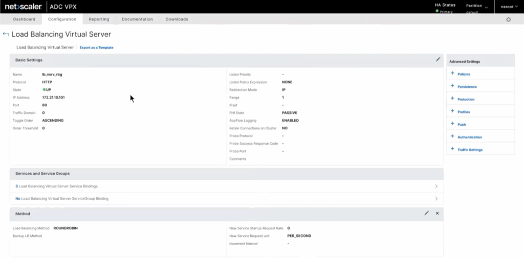 NetScaler ADC interface displaying HTTP virtual server load balancing configuration with round-robin method.