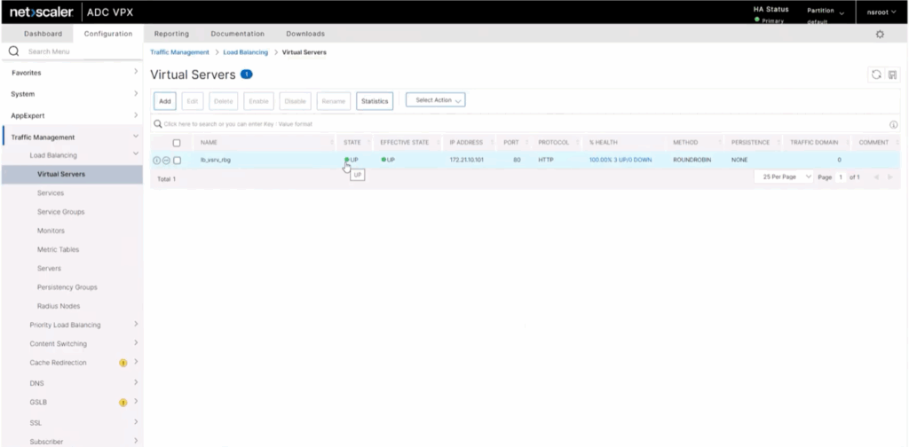 User interface of NetScaler ADC showing virtual server configuration and load balancing setup for HTTP traffic.