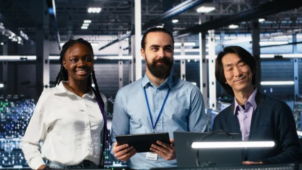 Three IT professionals in a server room, representing a skilled Nutanix administration team Nutanix Backup Solution.