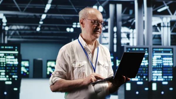 Senior IT administrator working on a laptop inside an enterprise data center, Check Point Security Gateways.