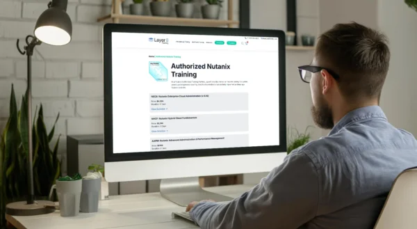 IT professional browsing Layer 8 Training's Authorized Nutanix Training course listing page featuring NECA, NHCF, and AAPM courses, Nutanix online training.