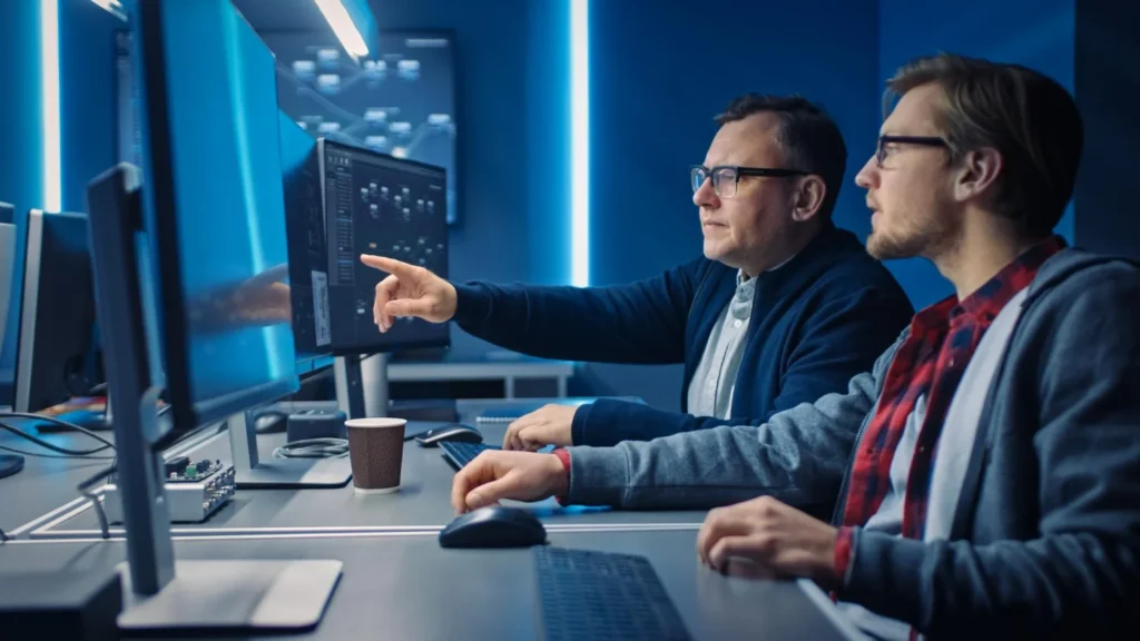 Two security engineers working through a Check Point R82 lab in a live instructor-led training session, Check Point training cost and pricing.