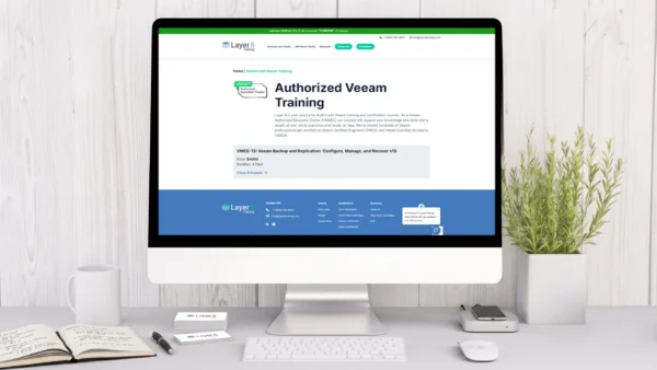 Layer 8 Training Authorized Veeam Training course page showing VMCE-13: Veeam Backup and Replication: Configure, Manage, and Recover v13 with a 4-day duration and pricing details, Veeam training cost and pricing. 